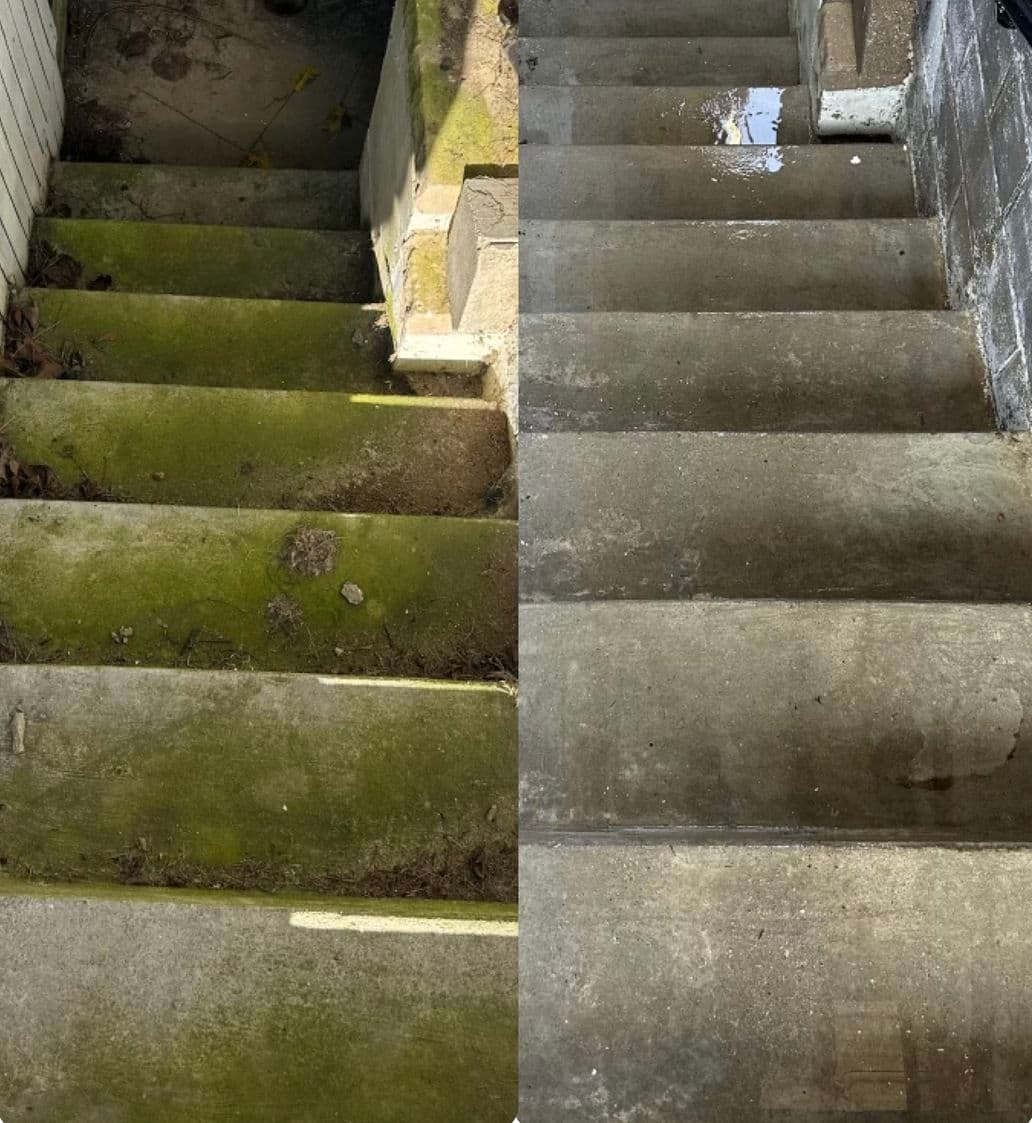Before and after comparison of cleaned concrete stairs, showing significant dirt removal and shine.