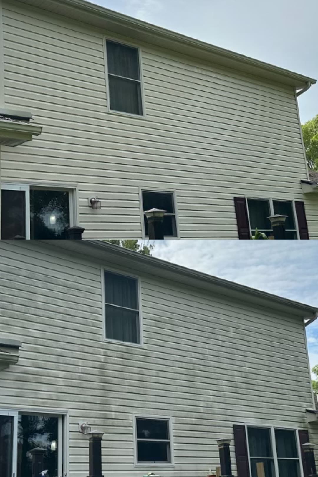Before and after house siding cleaning, showcasing improved cleanliness and appearance.