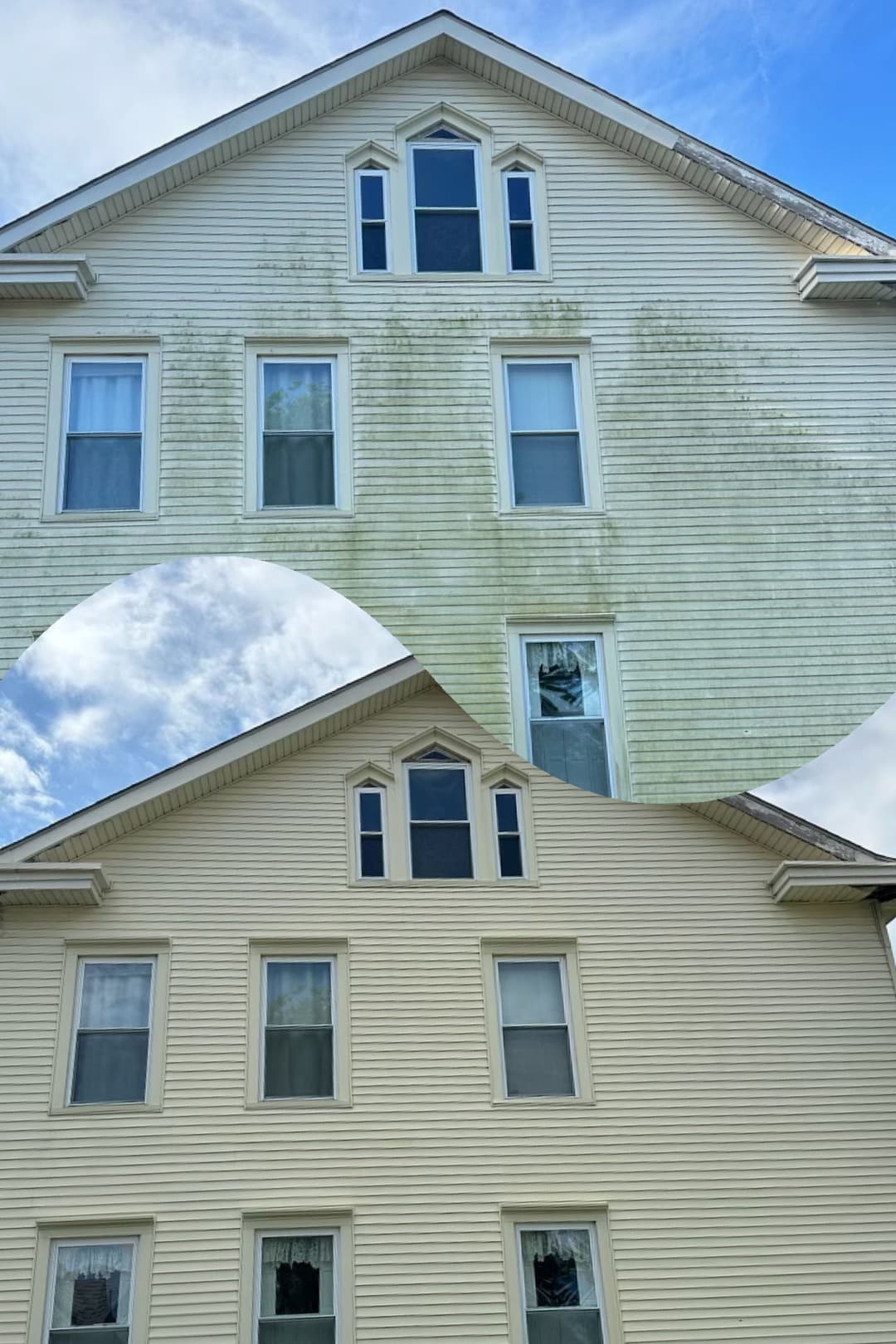 Before and after house exterior cleaning, showcasing significant improvement in appearance.