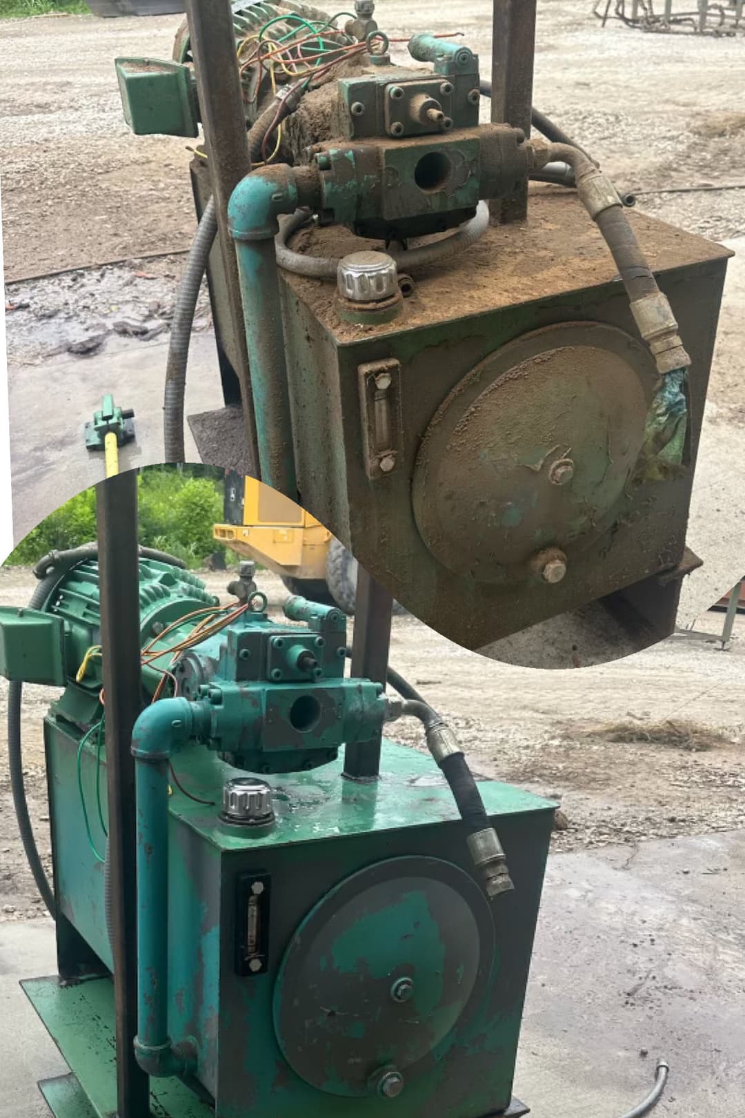 Hydraulic machine with green metal casing, hoses, and control panel in a work environment.