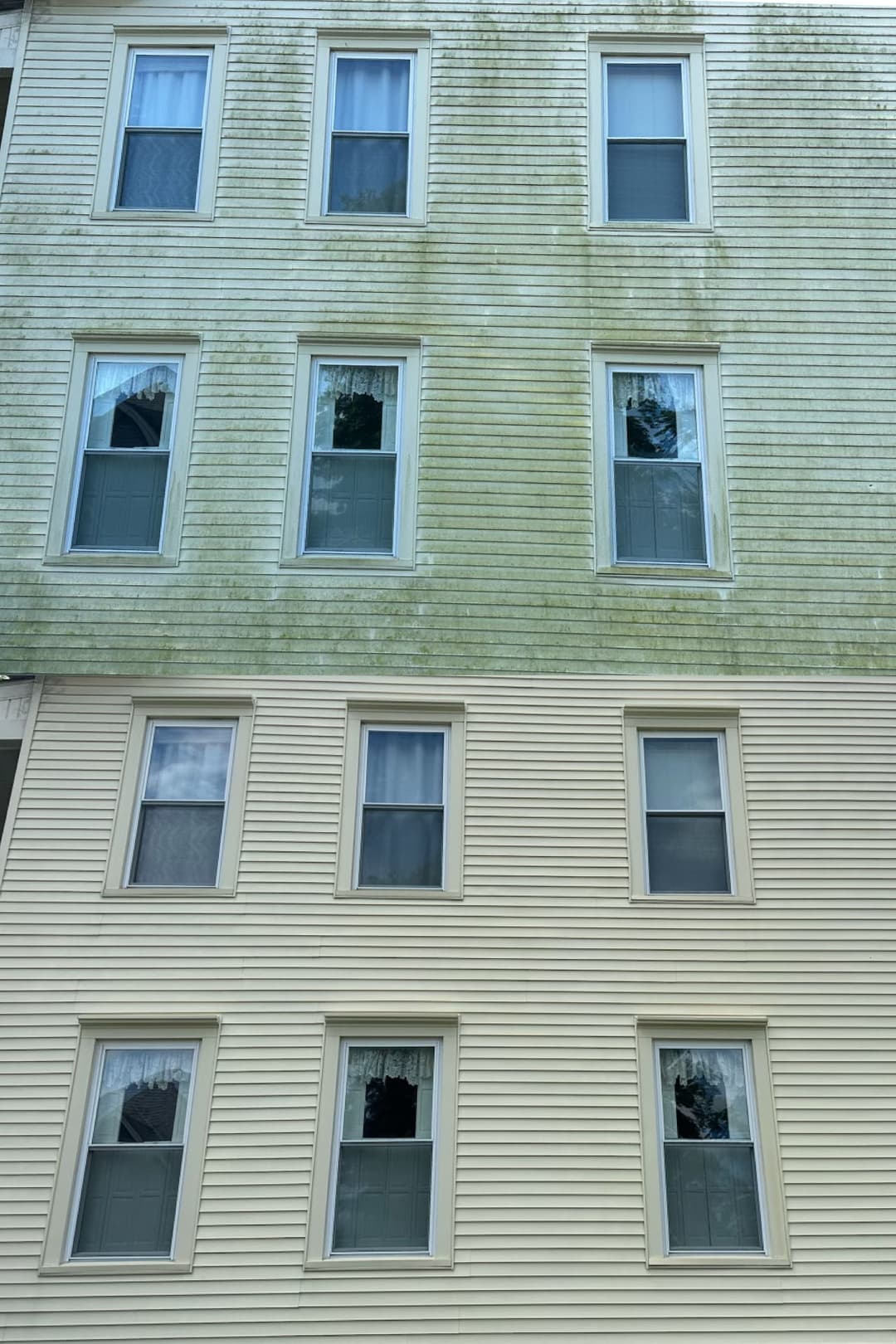Before and after cleaning: side-by-side comparison of residential building windows.