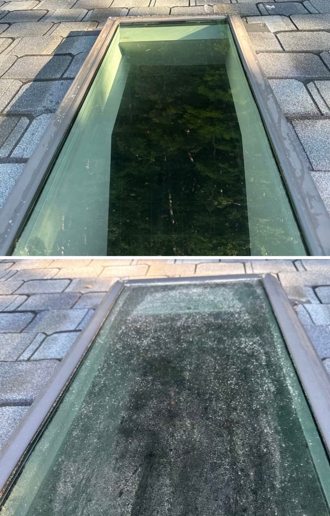 Clean skylight on a roof, showing clear glass reflection and adjacent dirty glass surface.