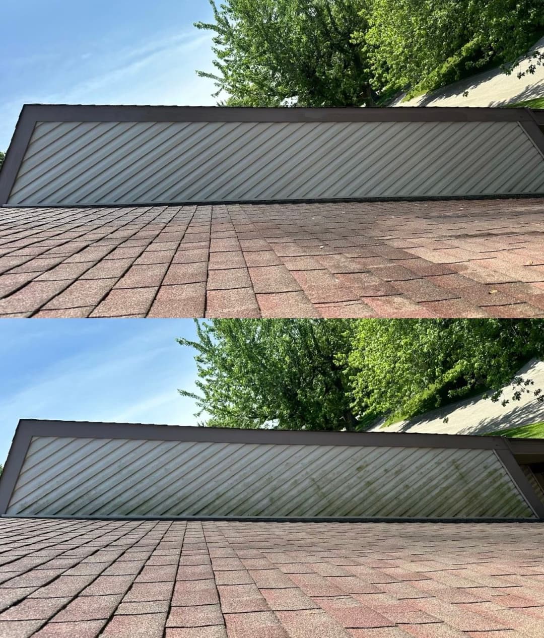 Two roof panels showing texture and angle, lush greenery in background under blue sky.