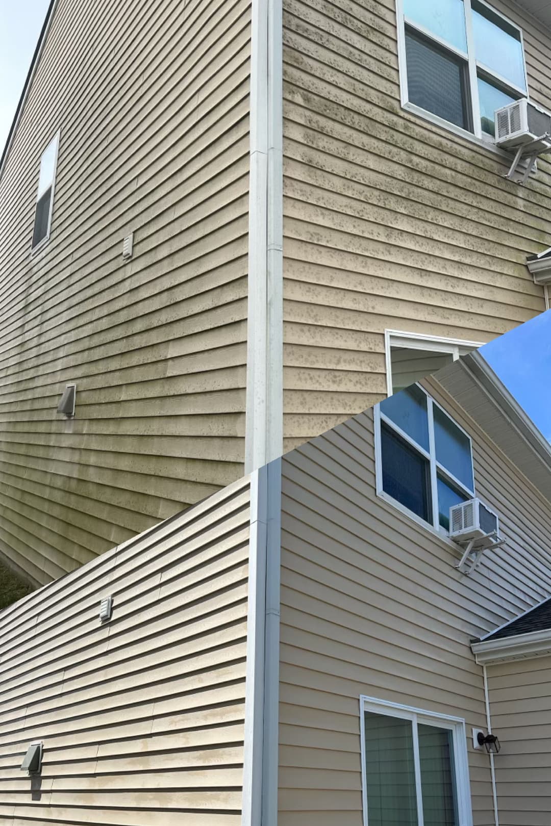 Before and after house siding cleaning showing significant dirt removal and restoration.
