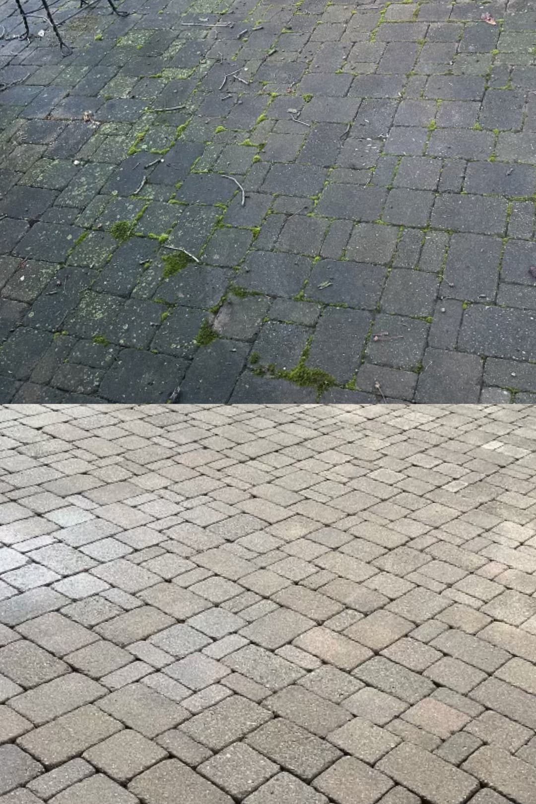 Before and after comparison of stone patio cleaning, showing improved surface clarity.