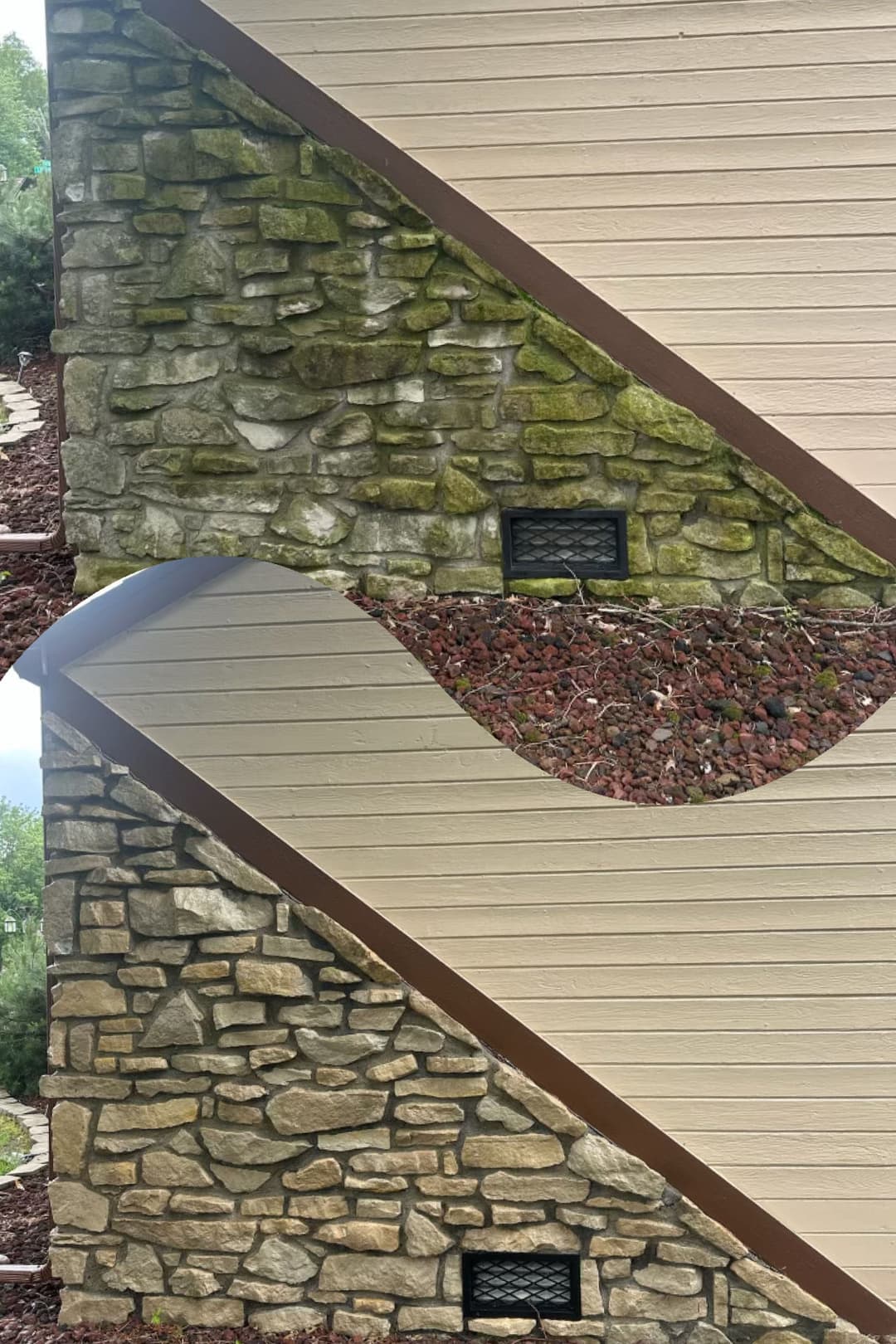 Stone wall texture contrast with wood paneling on a house exterior, showcasing moss and debris.