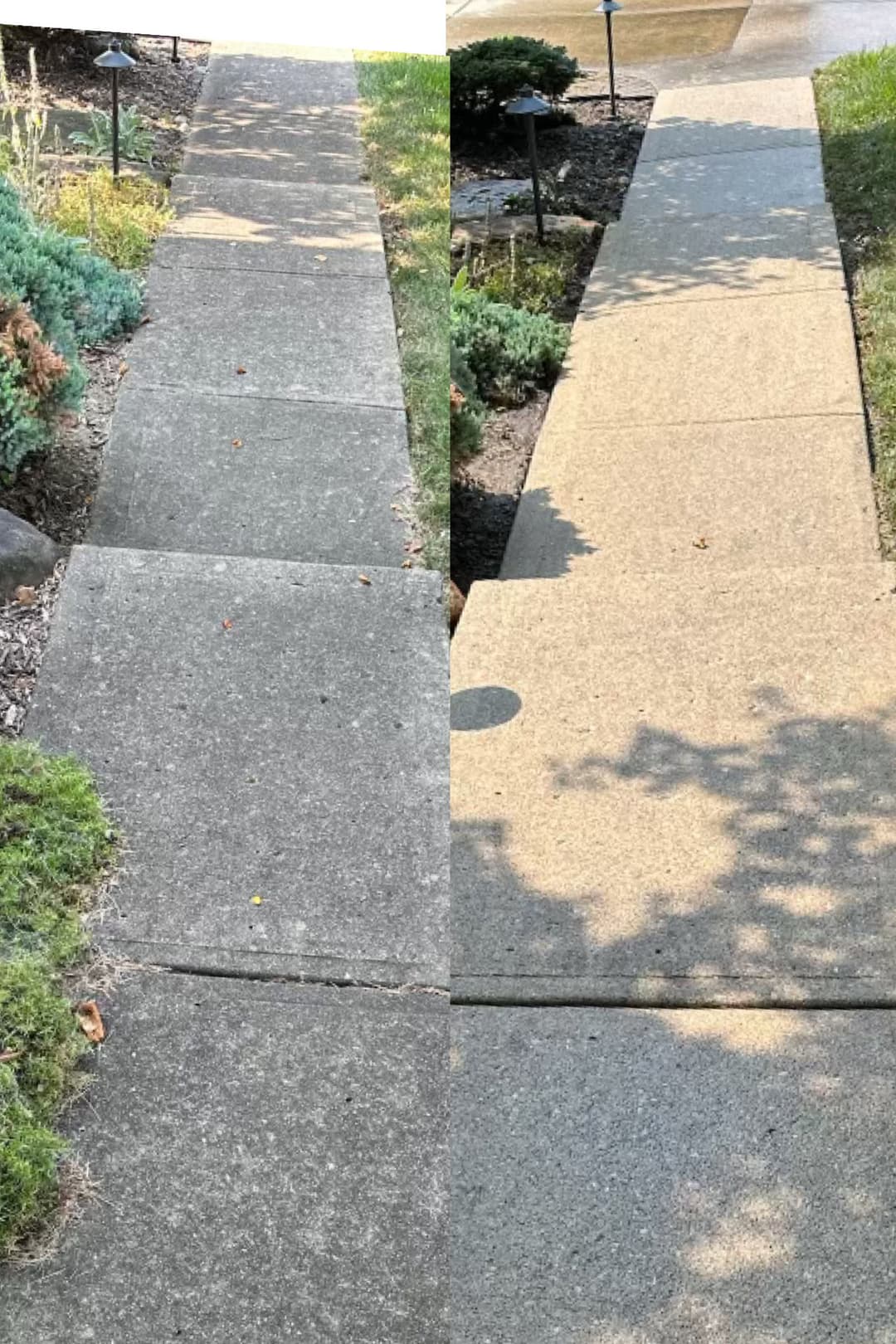 Sidewalk cleaning comparison: before and after, showing improved surface clarity and maintenance.