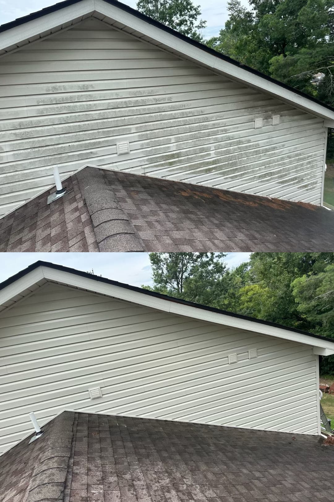 Before and after images of a house siding cleaning, showing significant dirt removal.