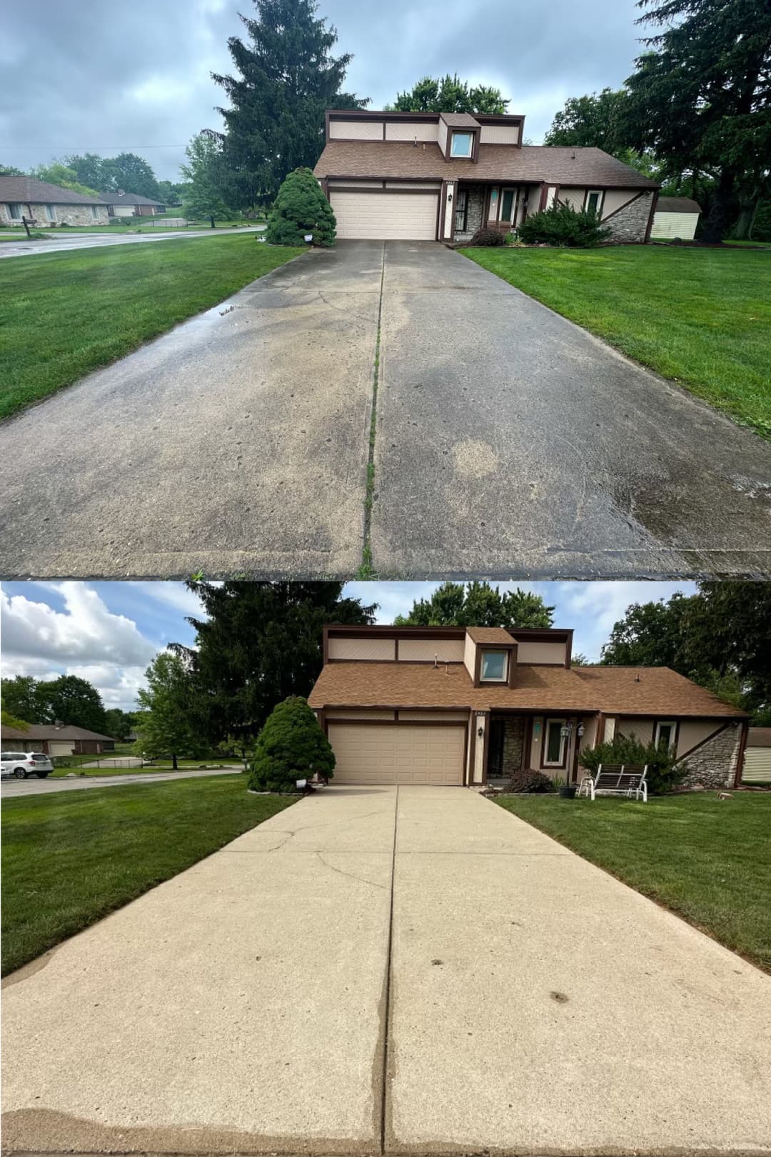 Before and after concrete cleaning showcasing transformed driveway and front yard greenery.