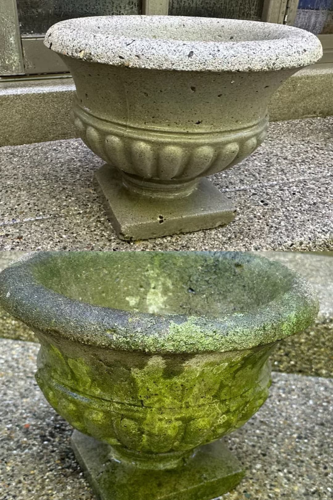 Before and after images of a weathered concrete planter showing significant color change and moss growth.