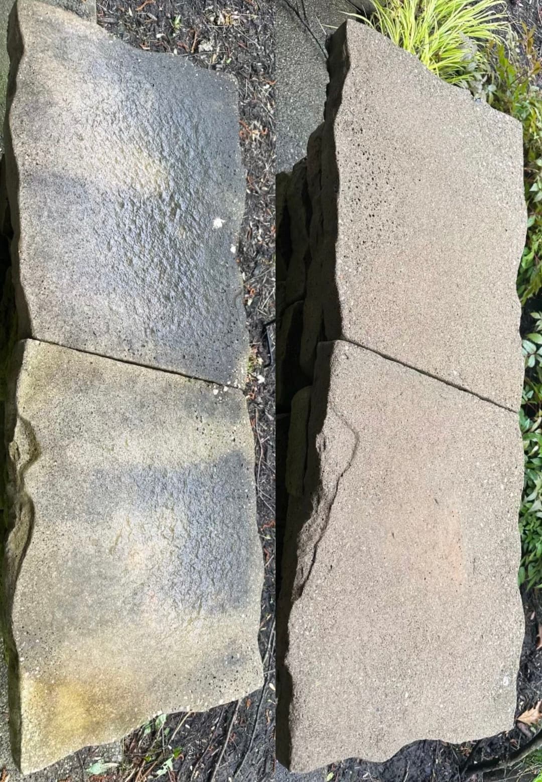 Before and after comparison of weathered stone surfaces showing restoration differences.