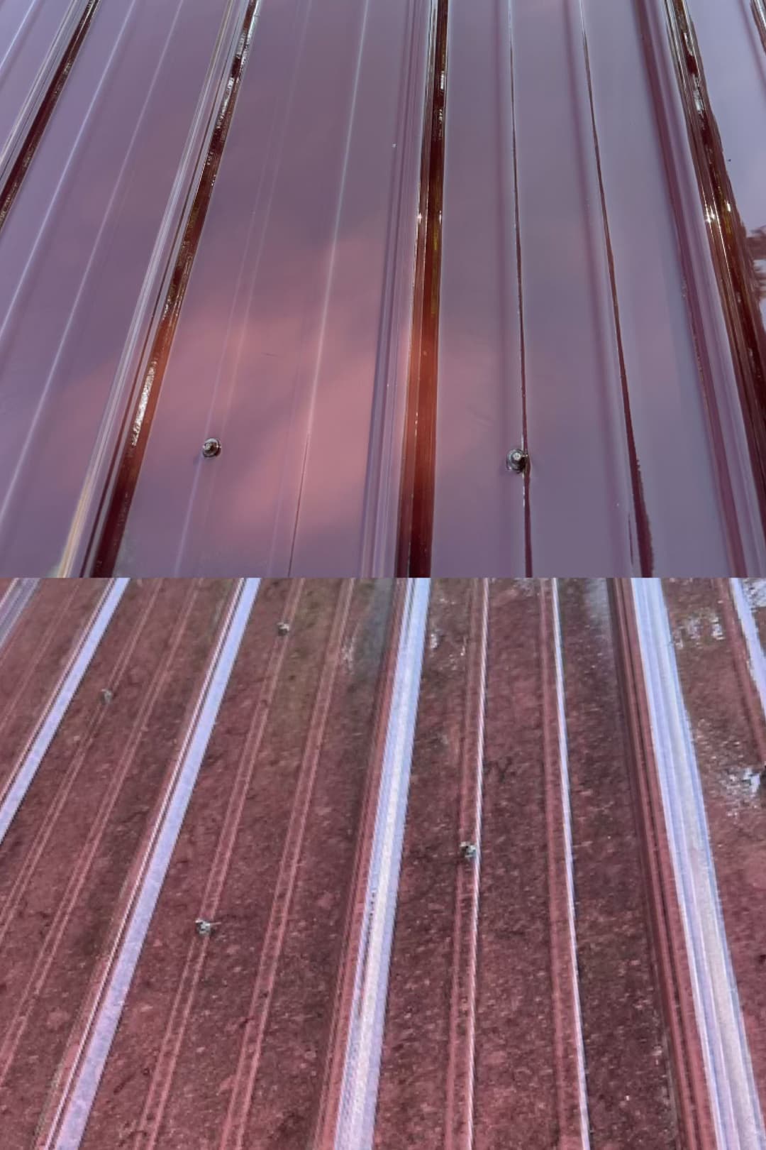 Comparison of two metal roofing panels showing different finishes and colors.