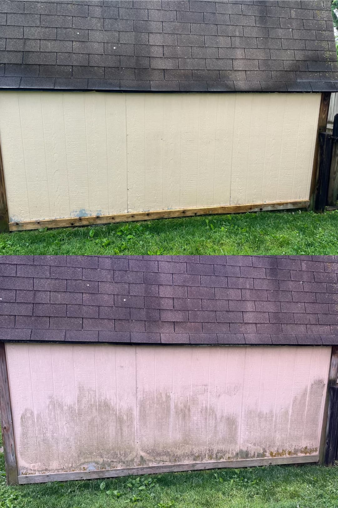 Before and after cleaning graffiti from a shed wall, showing significant color change and improvement.