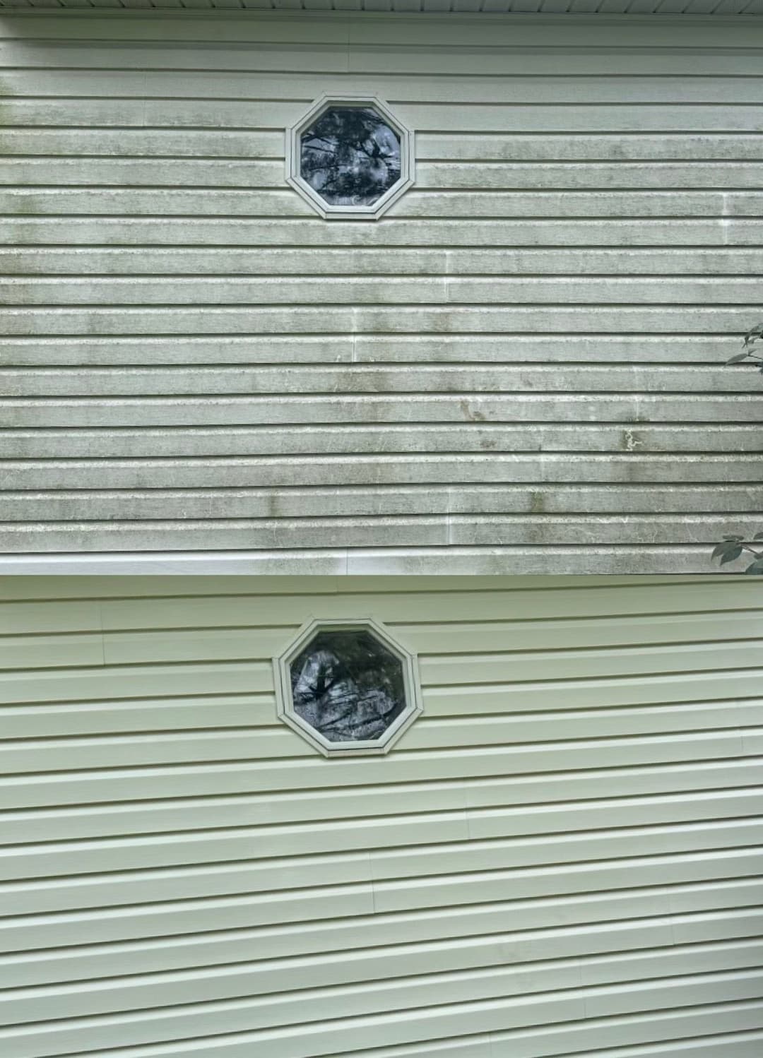 Before and after image showing cleaned vinyl siding with an octagonal window.