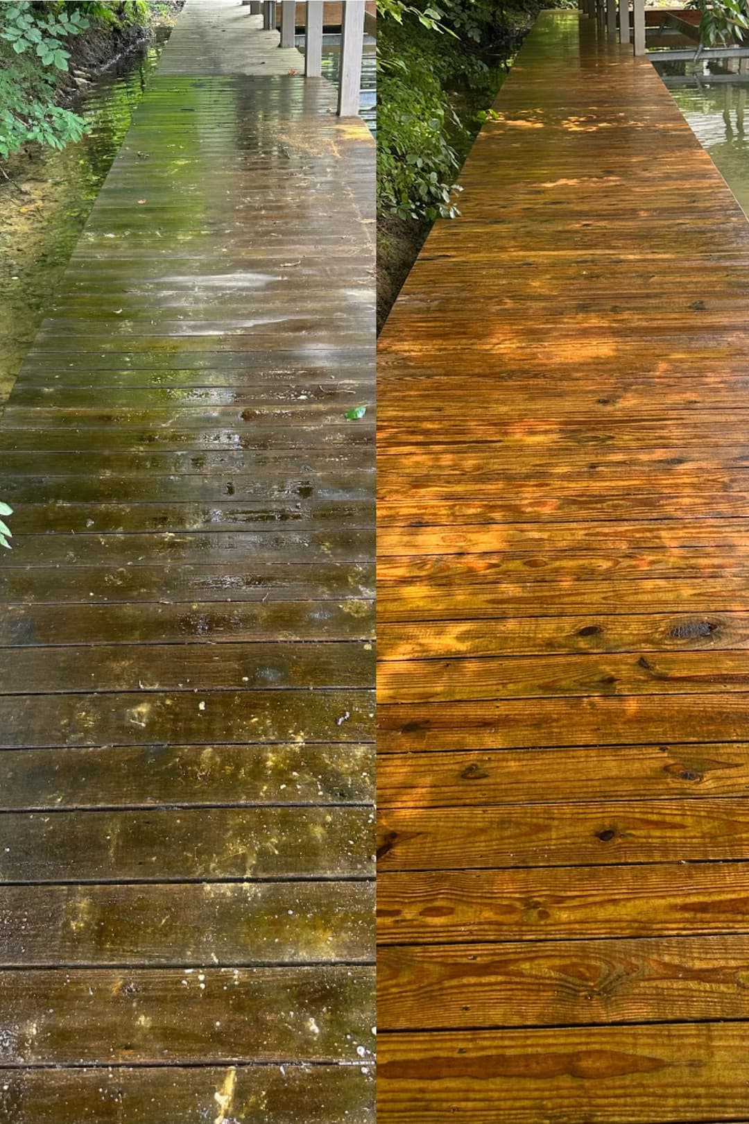 Before and after cleaning wood dock showing significant surface improvement and color enhancement.