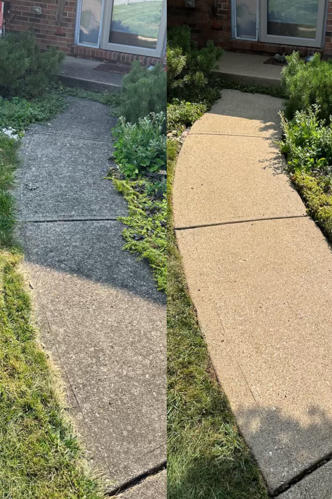 Before and after comparison of a cleaned concrete walkway, showcasing improved appearance.