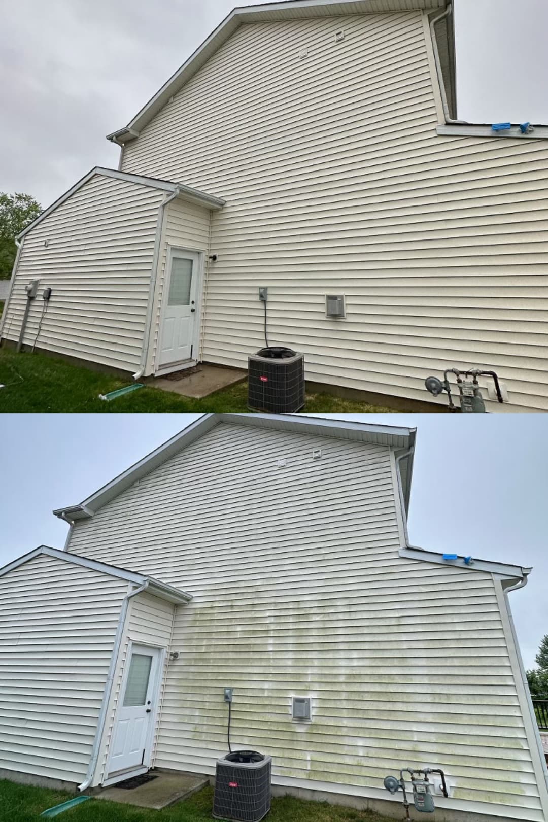 Before and after house siding cleaning, showing significant dirt and stain removal.