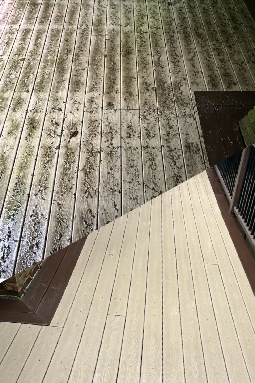 Before and after comparison of a cleaned wooden deck showing significant improvement.