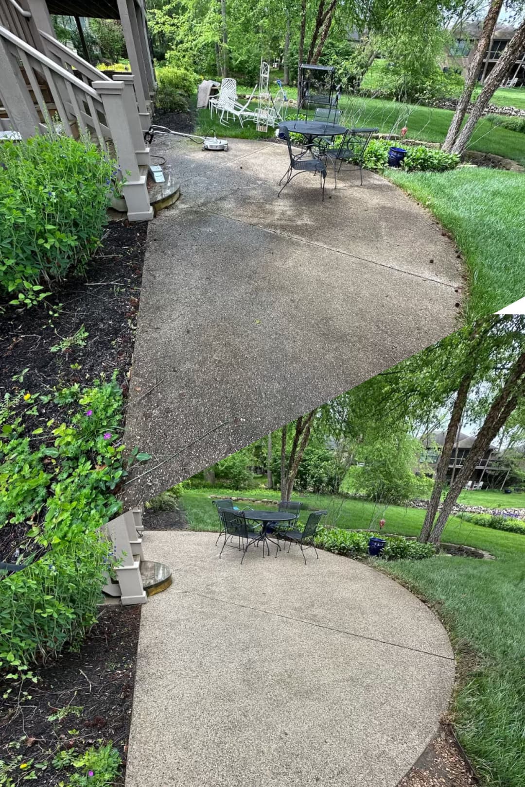 Cleaned concrete patio transformation with lush greenery and outdoor furniture visible.