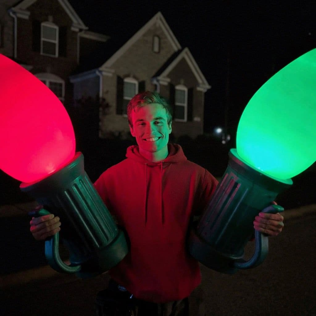 Person holding oversized festive light decorations, glowing red and green, at night.