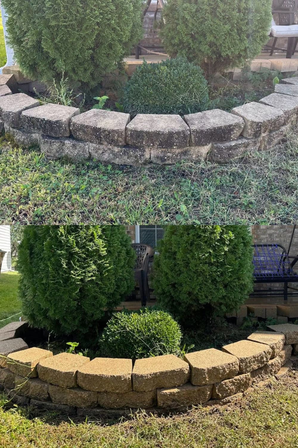 Before and after of a landscaped garden bed with stone edging and healthy greenery.